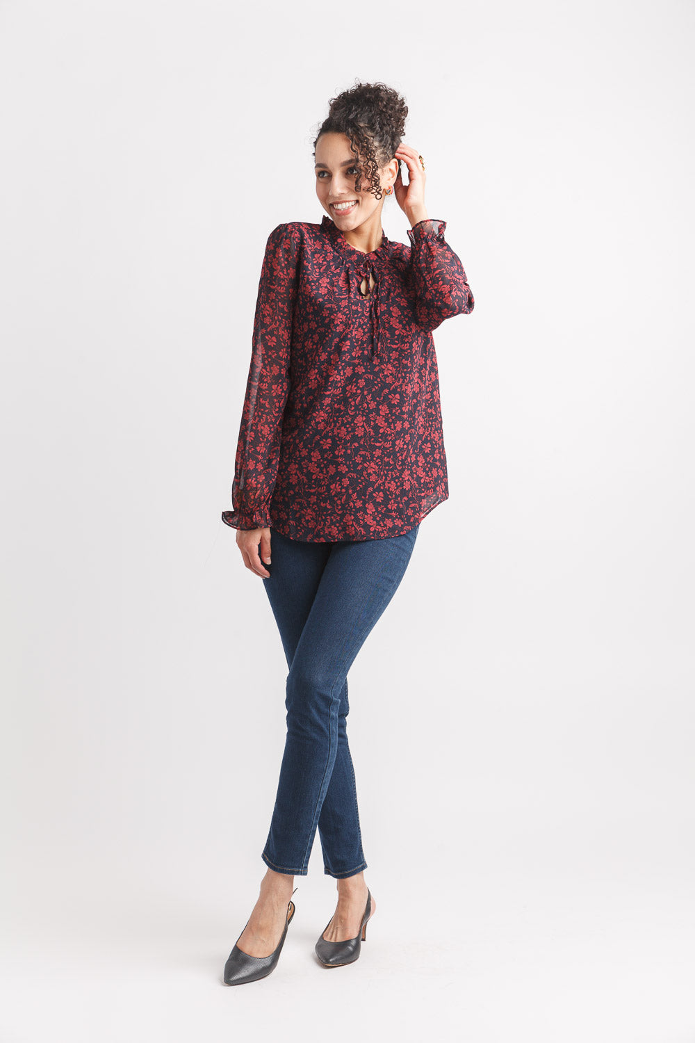 Floral V Neck Blouse with Tie and Ruffles