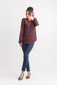 Floral V Neck Blouse with Tie and Ruffles
