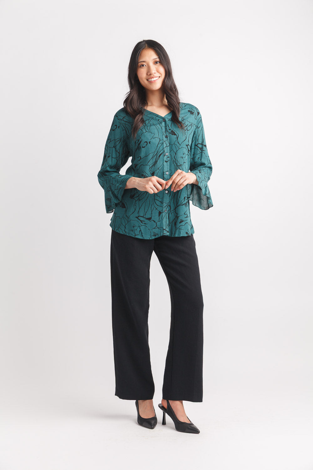 Floral Crinkle Button  Front Top With Bell Sleeve