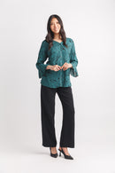 Floral Crinkle Button  Front Top With Bell Sleeve