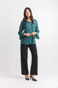 Floral Crinkle Button  Front Top With Bell Sleeve