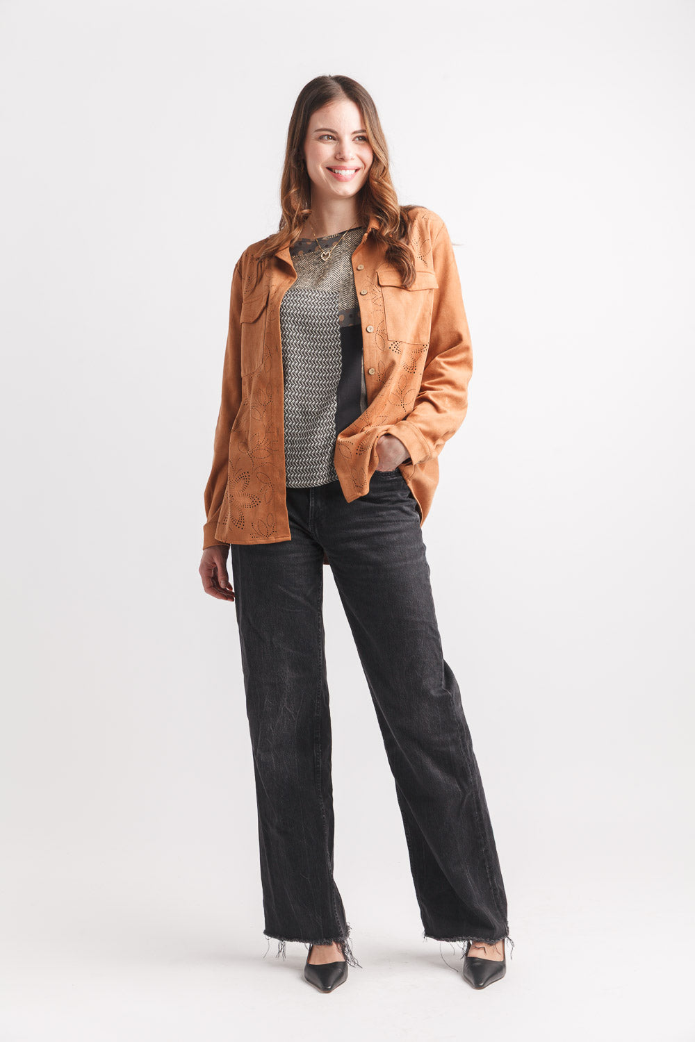 Laser Cut Button Front Suede Top