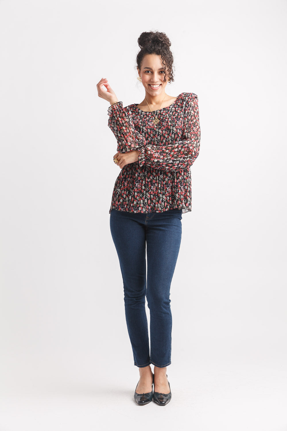 Floral Pleated Long Sleeve Top