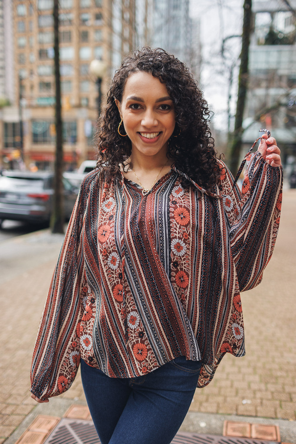 Multi Floral Stripe Shirt With V Notch
