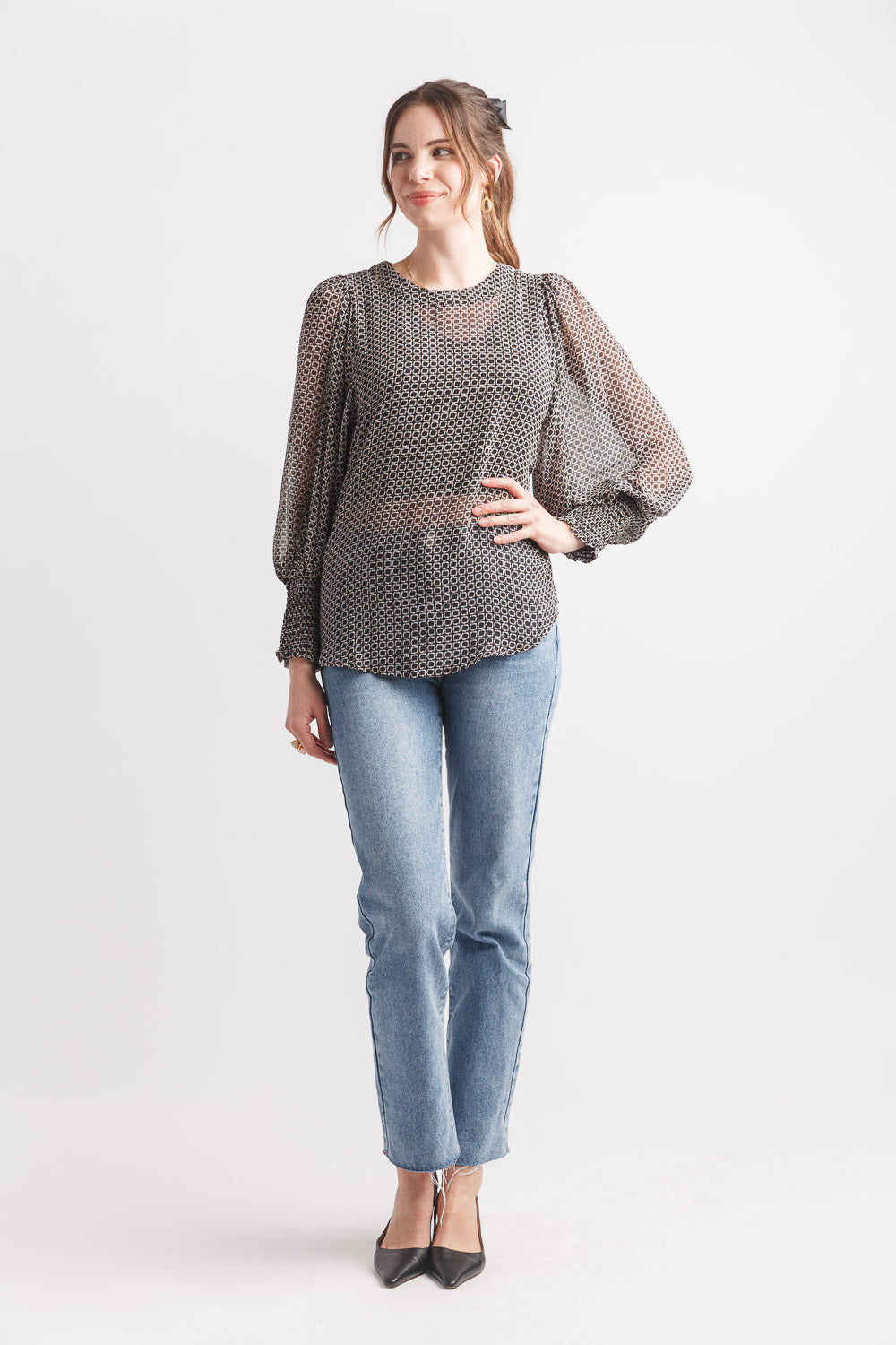 Geo Print Balloon Sleeve Georgette Blouse