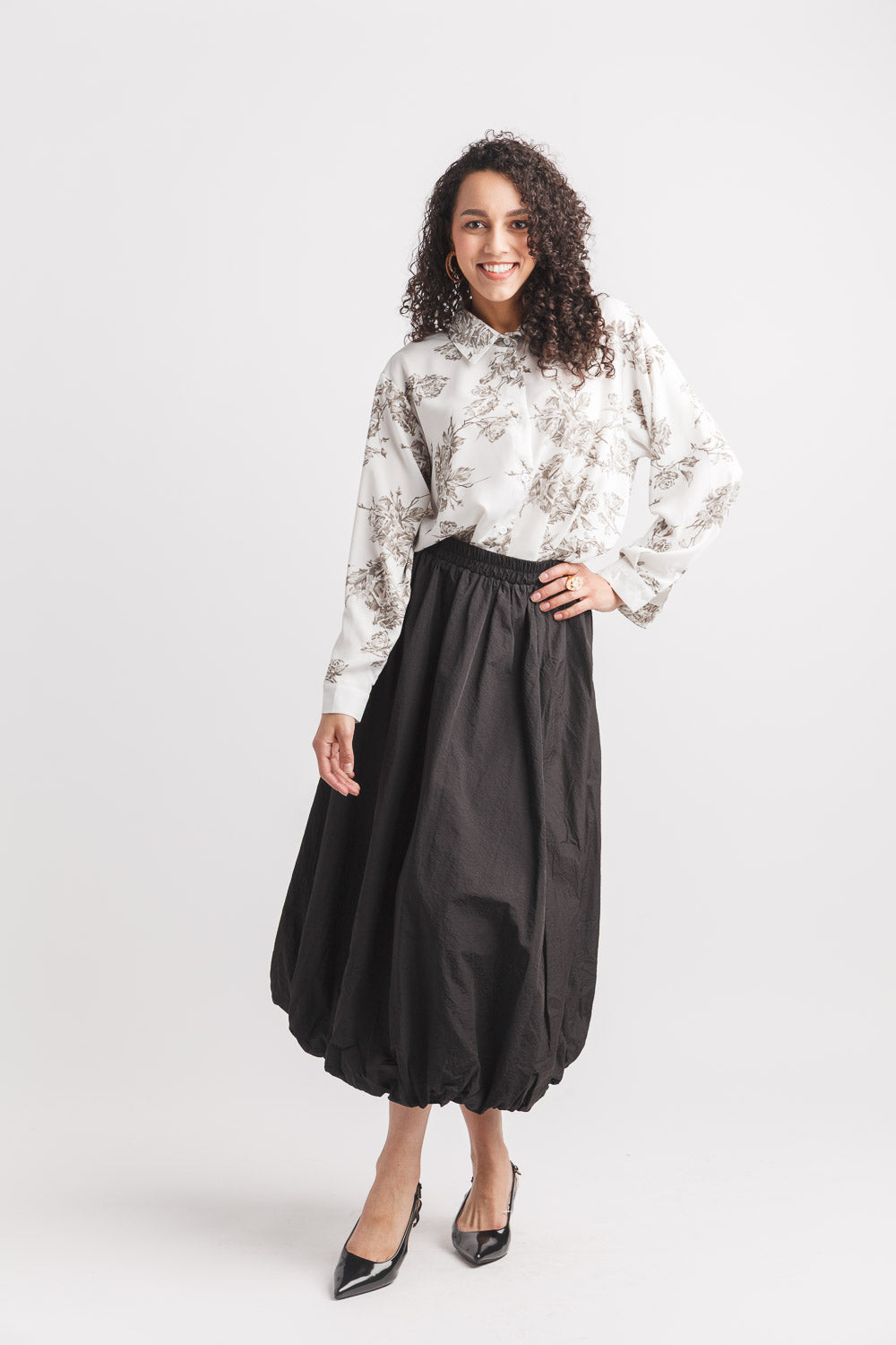 Bubble Hem Midi Skirt with Elastic Waist
