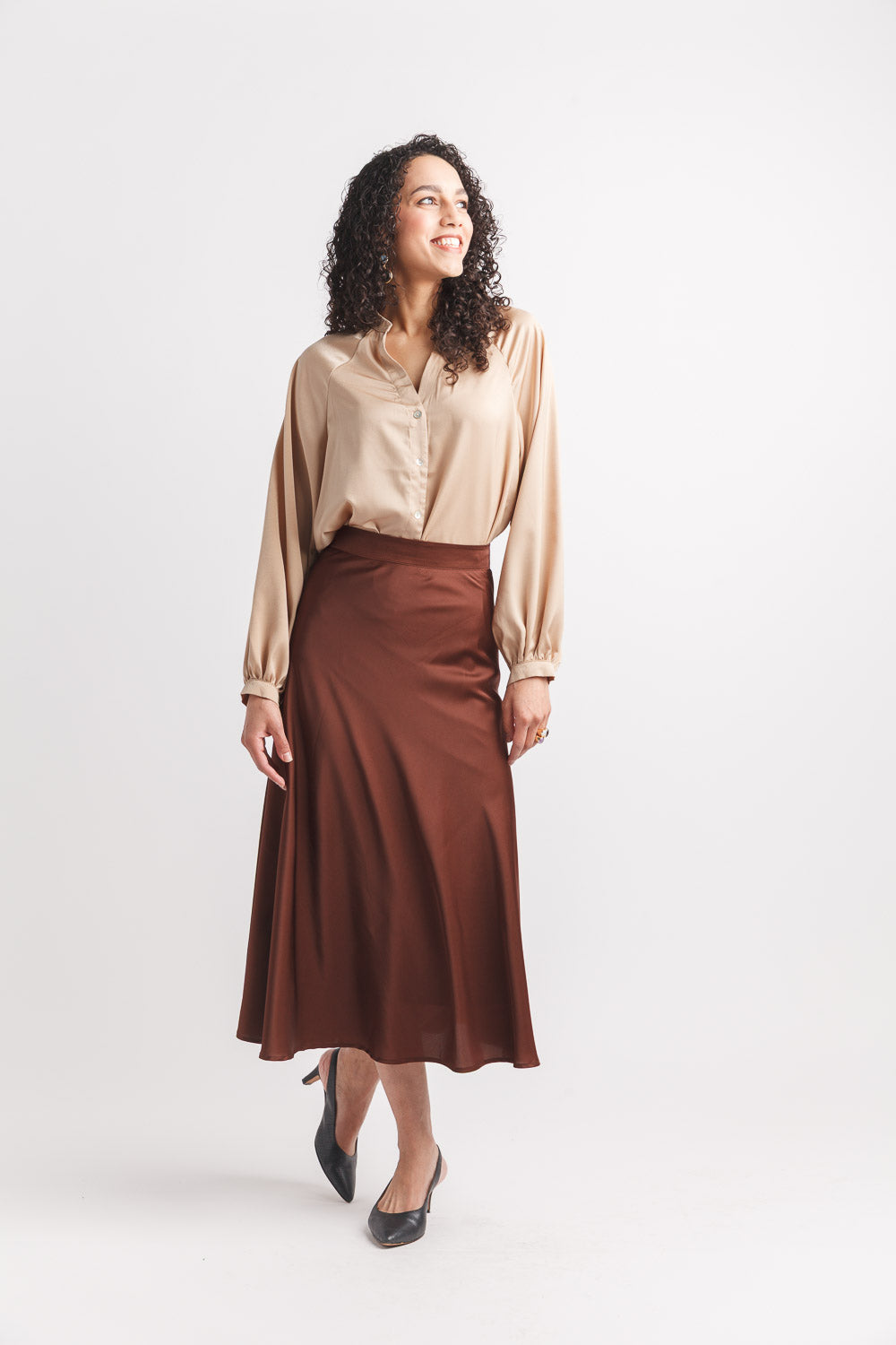 Satin Ballon Sleeve Button Front Blouse
