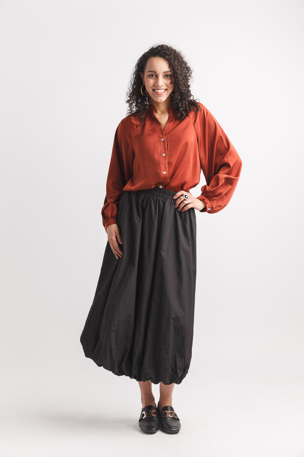 Satin Ballon Sleeve Button Front Blouse
