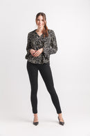 Abstract Collared Button Front Blouse With Ruffle