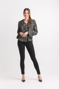Abstract Collared Button Front Blouse With Ruffle