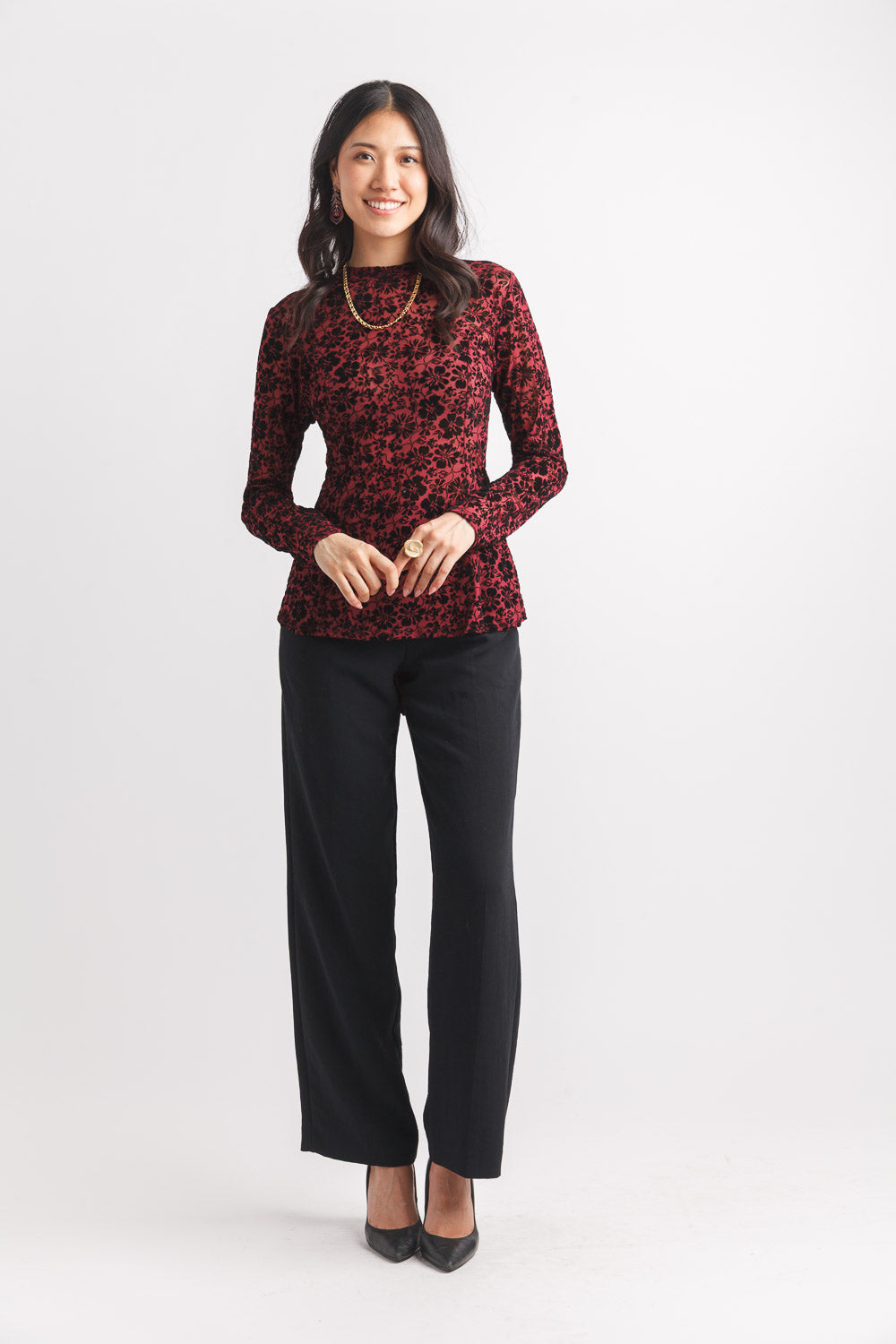 Mock Neck Floral Burnout Peplum Style Top