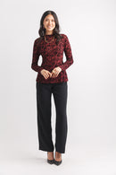 Mock Neck Floral Burnout Peplum Style Top