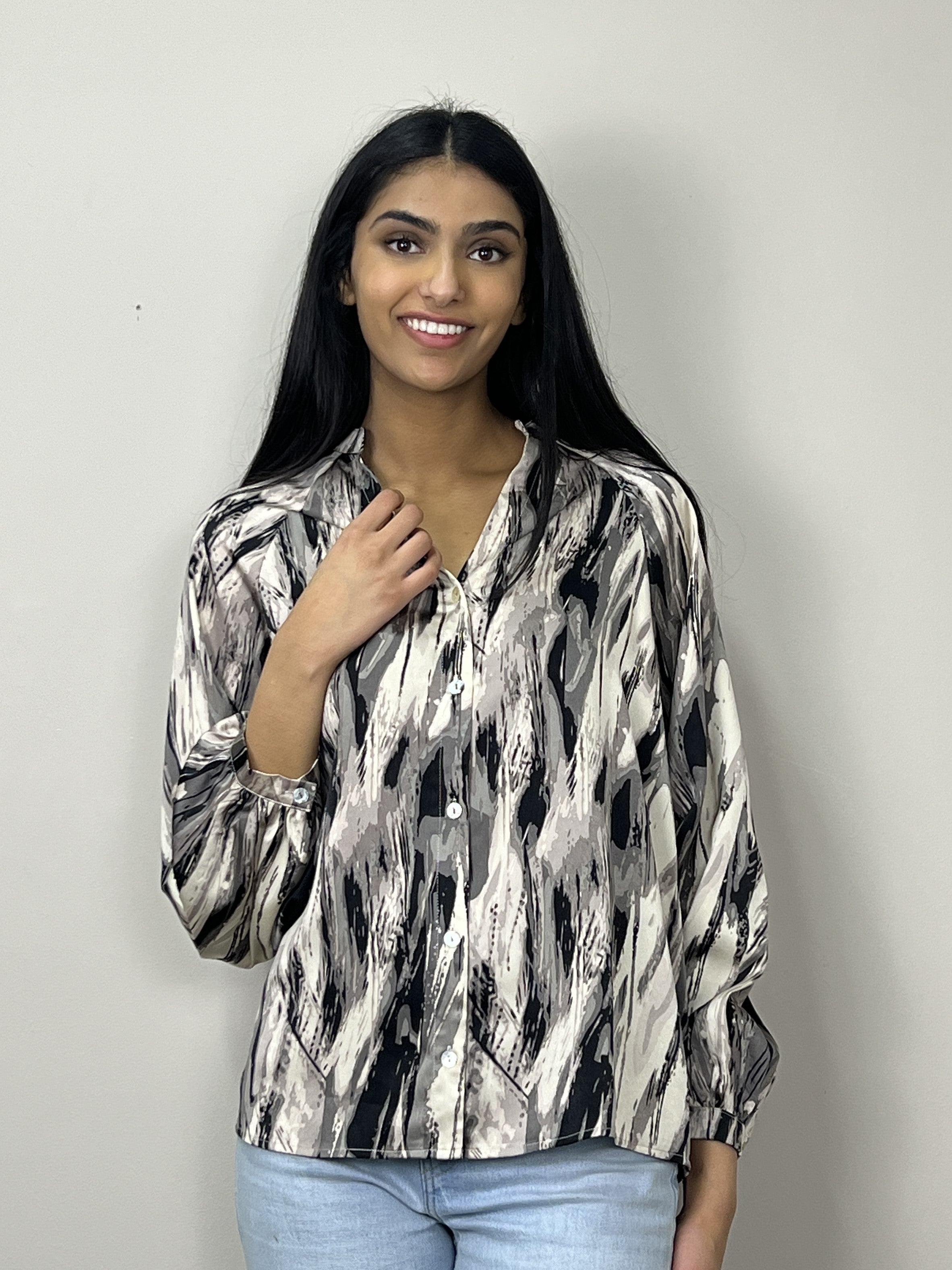 Abstract Satin Blouse With Balloon Sleeves