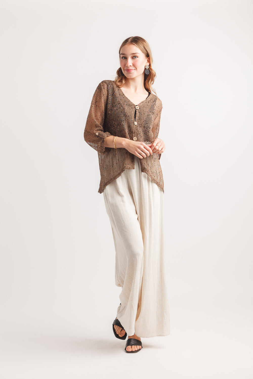 Mesh Tab Sleeve Cardigan with Wooden Button