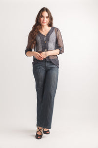 Mesh Tab Sleeve Cardigan with Wooden Button