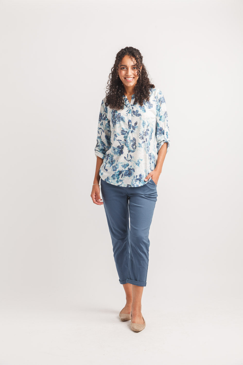 Knit Floral Tab Sleeve Henley Top