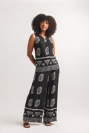 Border Print Wide Leg Pant with Elastic Waist and Pockets