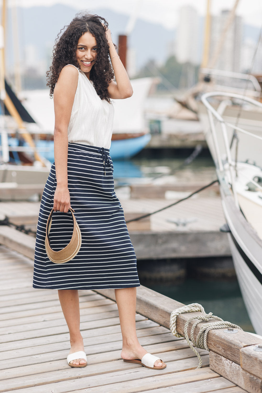 Knit Striped Skirt with Elastic Waist