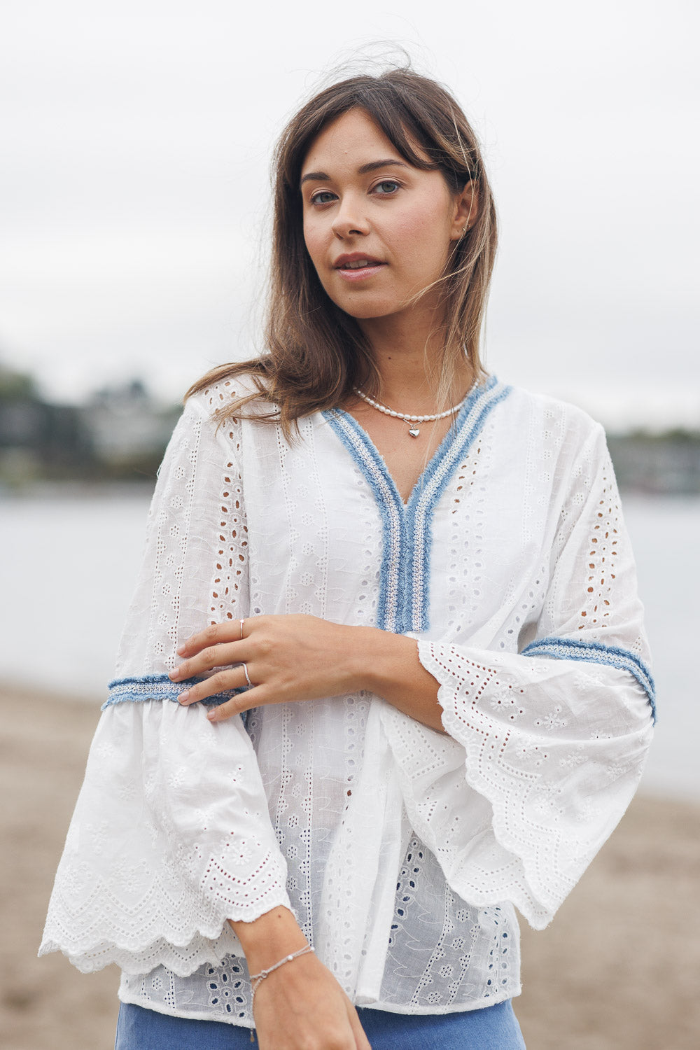 Eyelet Top With Denim Fringe & Bell Sleeve
