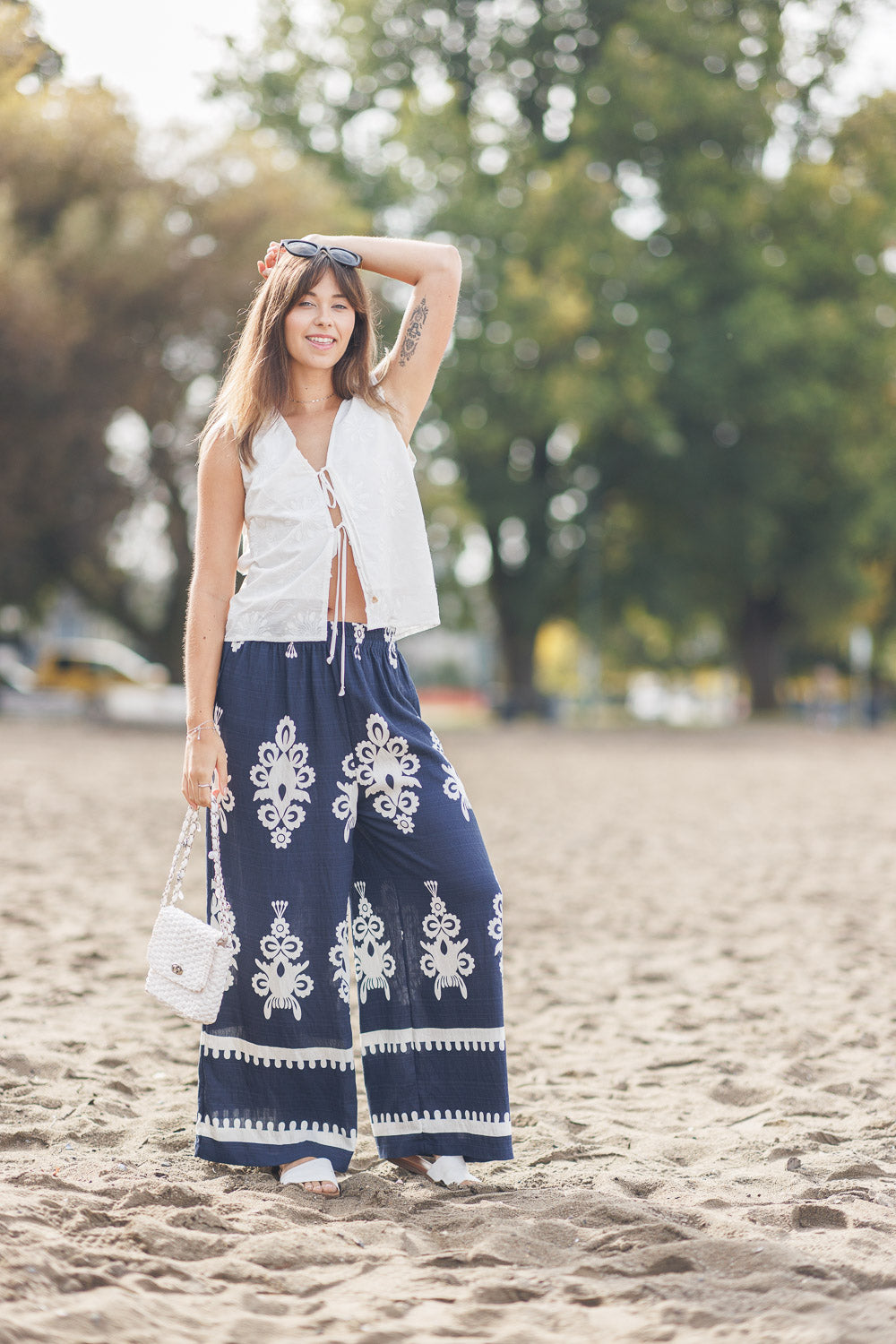 Ikat Look Pants with Elastic Waist and Pockets