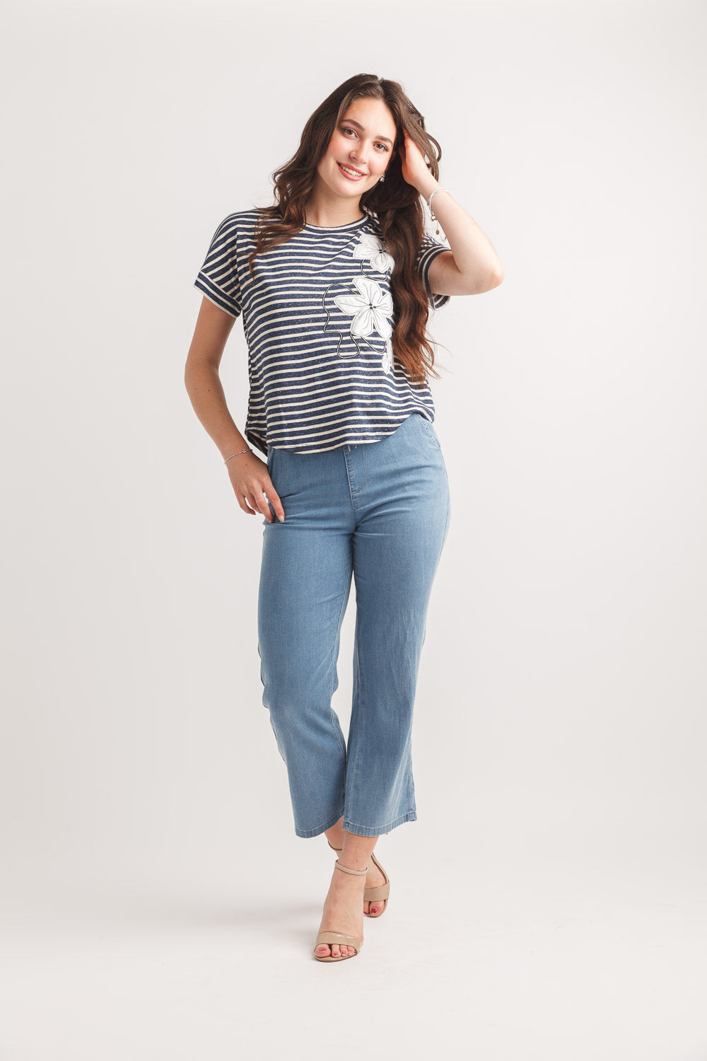 Striped Knit T Shirt with Embroidered Flower