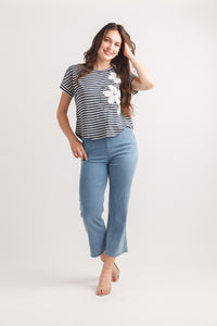 Striped Knit T Shirt with Embroidered Flower