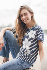 Striped Knit T Shirt with Embroidered Flower