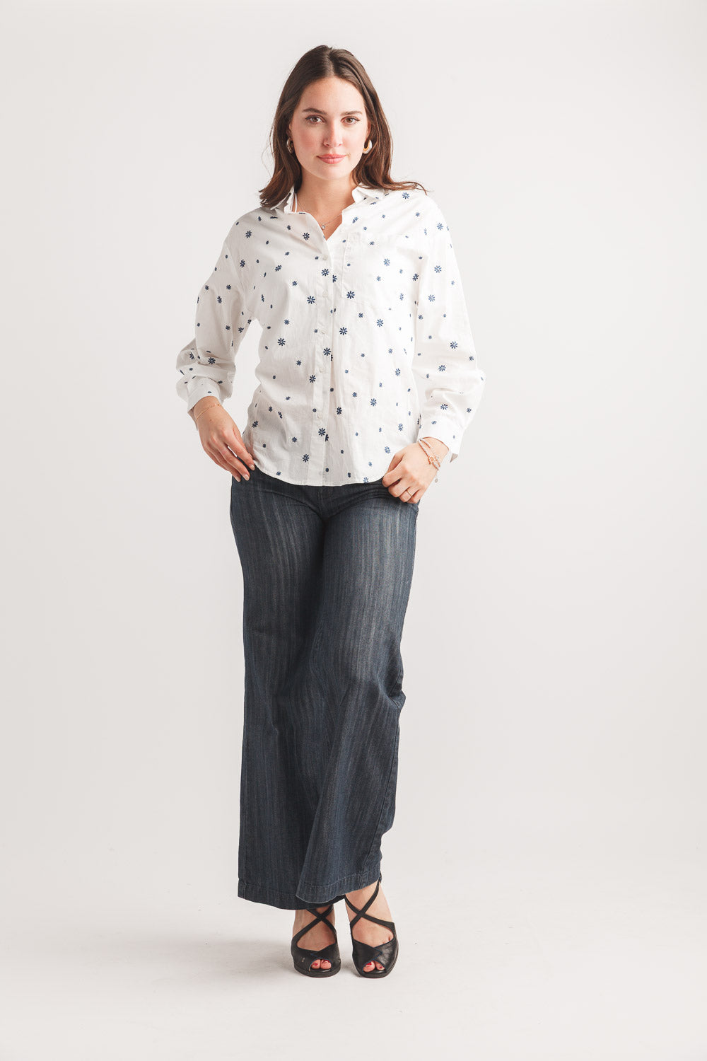 Embroided Collared Button Front Blouse