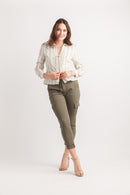 Striped V Neck Collared Top With Button Detail