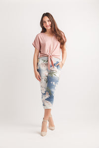 Floral Stretch Cotton Blend Pants With Elastic Waist