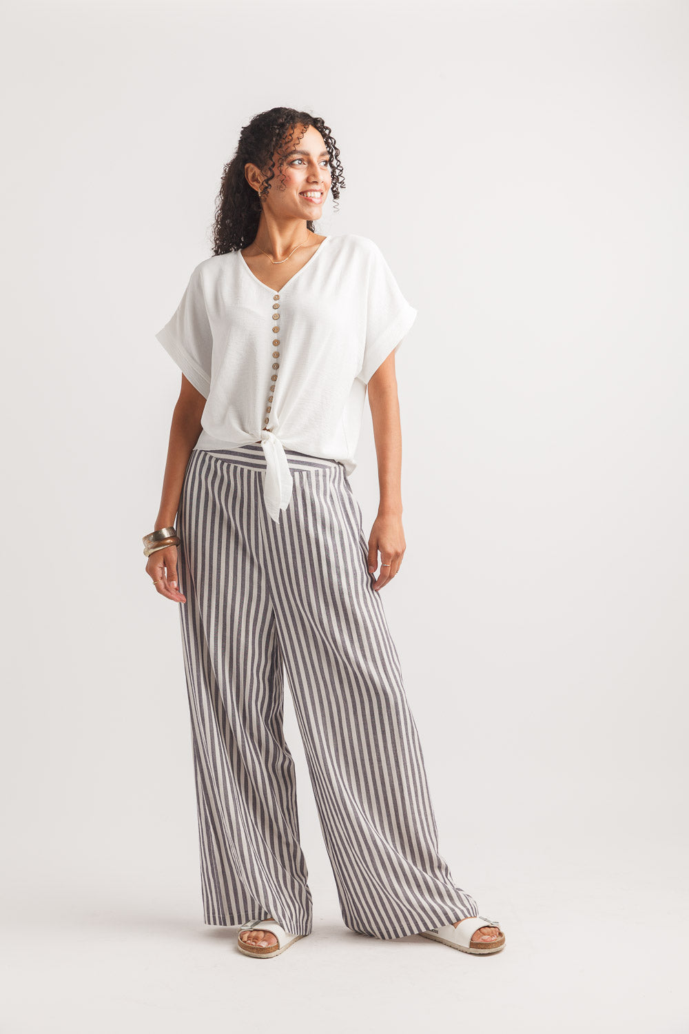 Textured Short Sleeve Button Tie Top