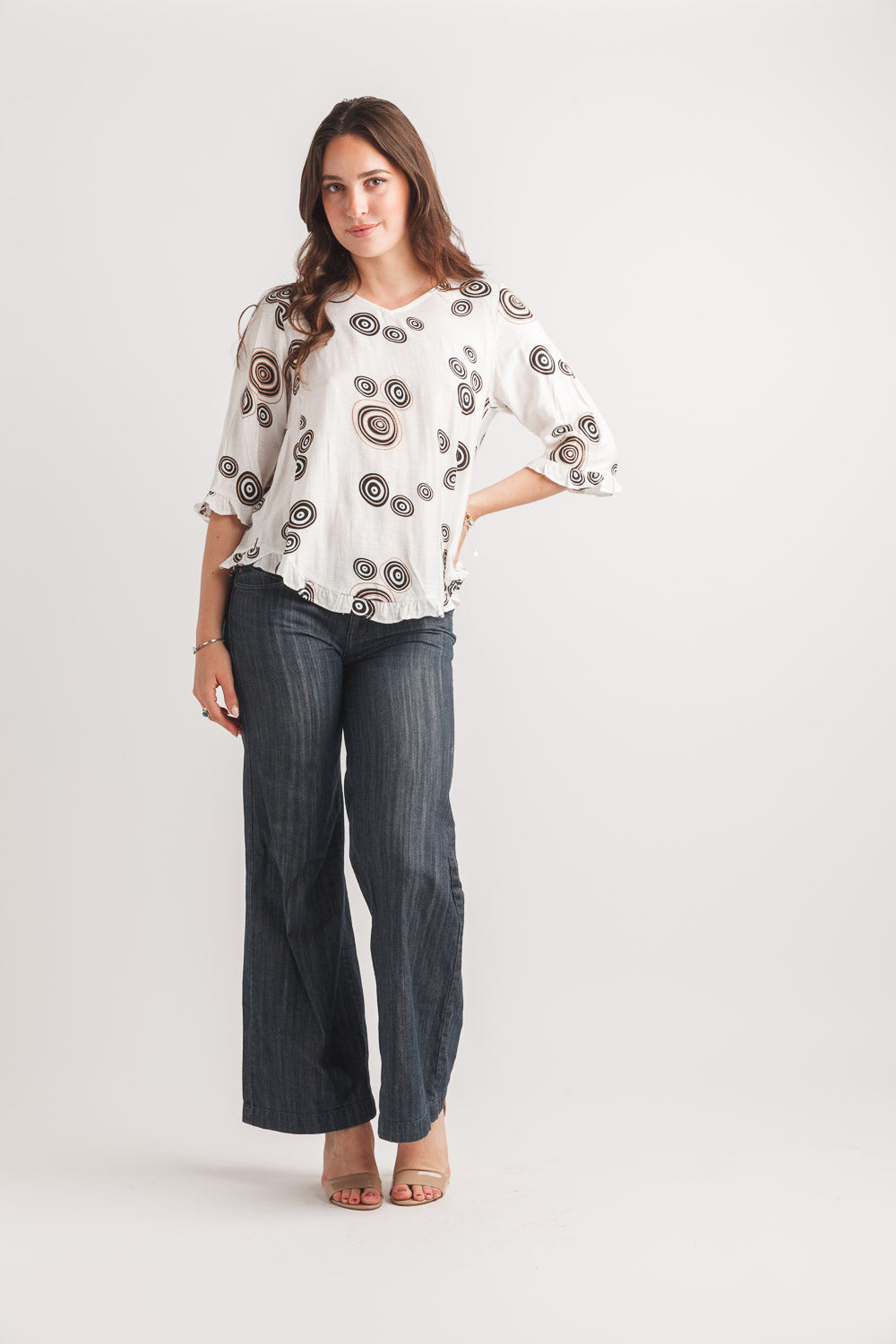 Circle Print V Neck Short Sleeve BF Blouse  W TIE