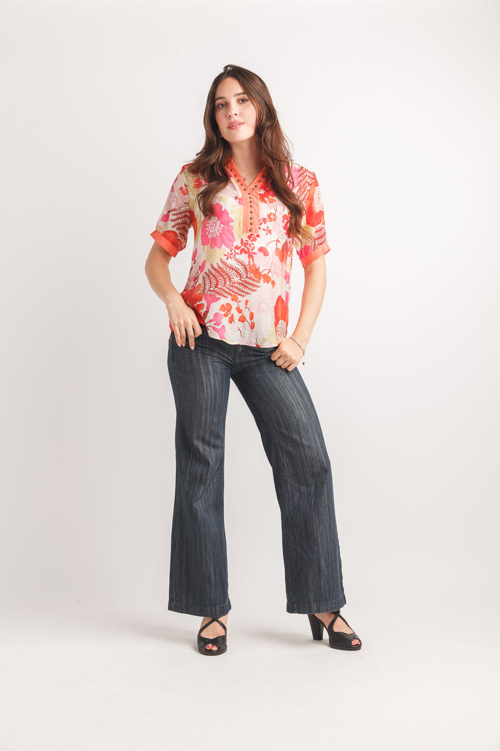 Floral Short Sleeve Blouse With Split V Neck