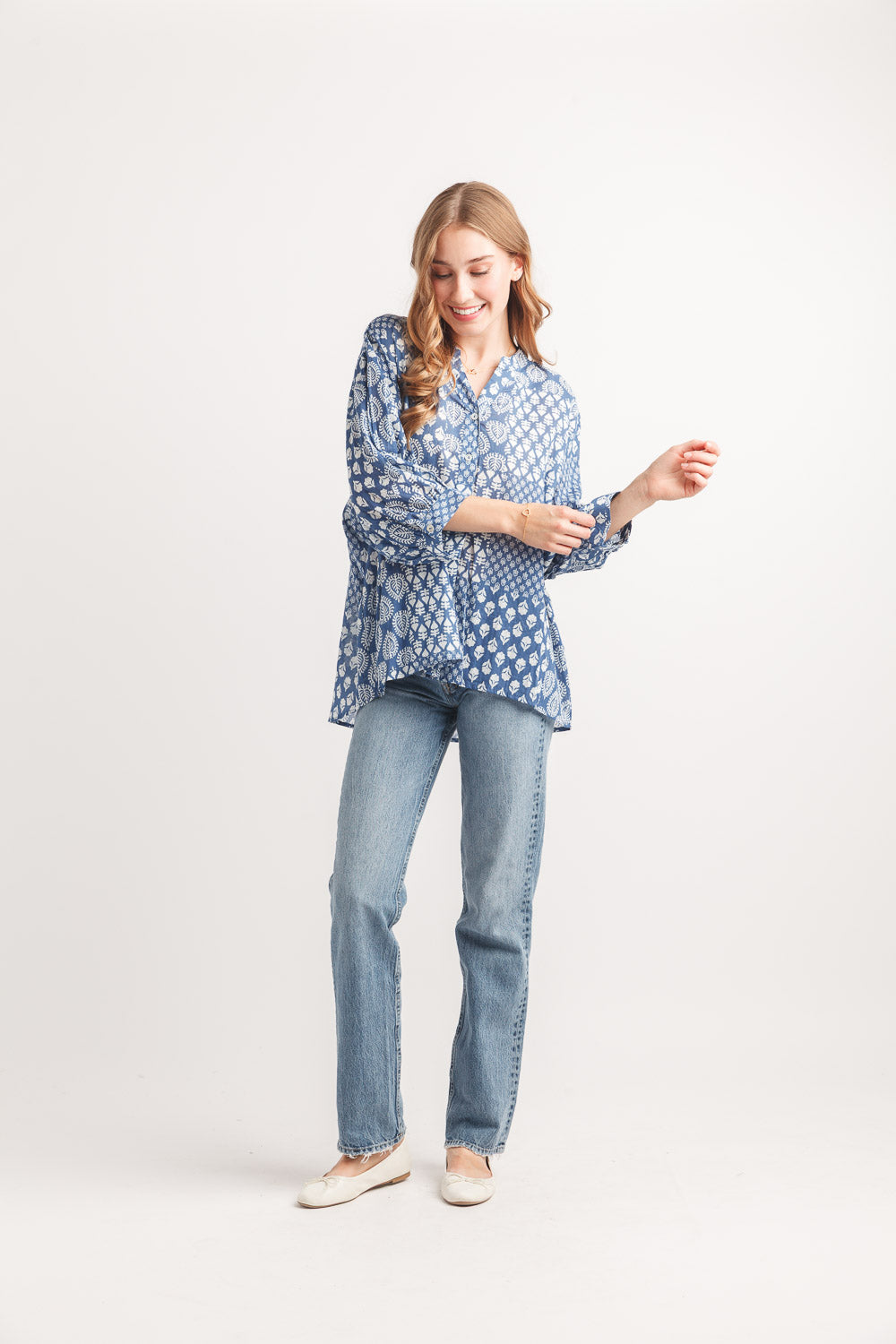 Patch Print Button Front Blouse With Back Button