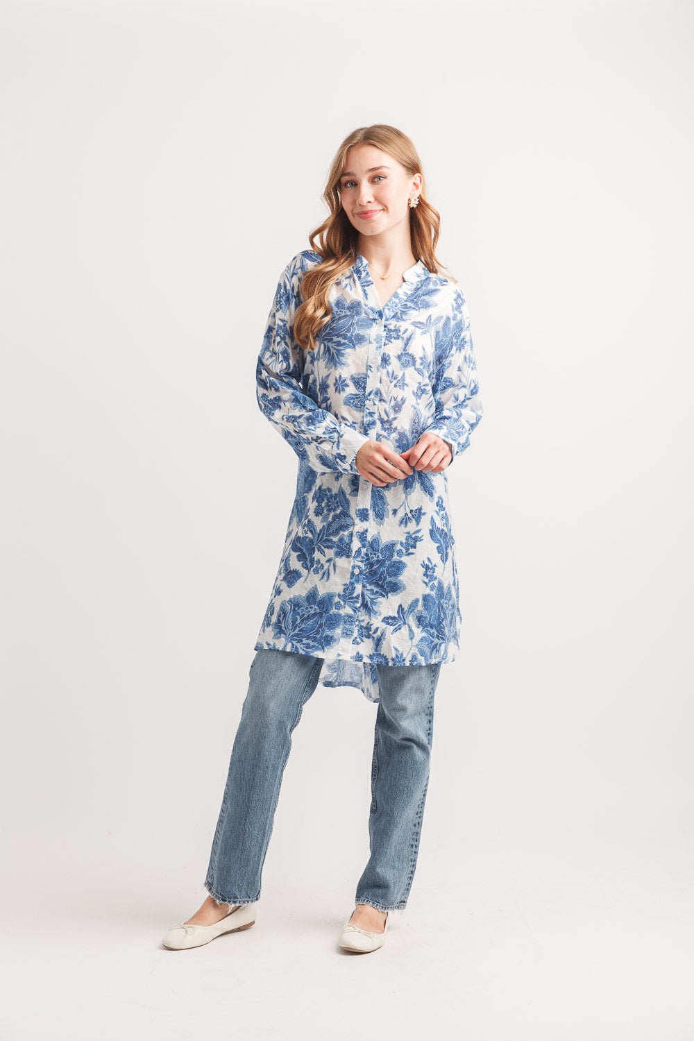 Floral Button Front Tunic With Tab Sleeves