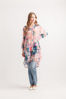 Abstract Brush Stroke Patch Print Tunic With Tab Sleeve