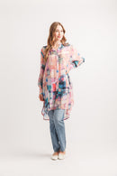 Abstract Brush Stroke Patch Print Tunic With Tab Sleeve