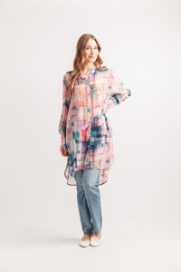 Abstract Brush Stroke Patch Print Tunic With Tab Sleeve