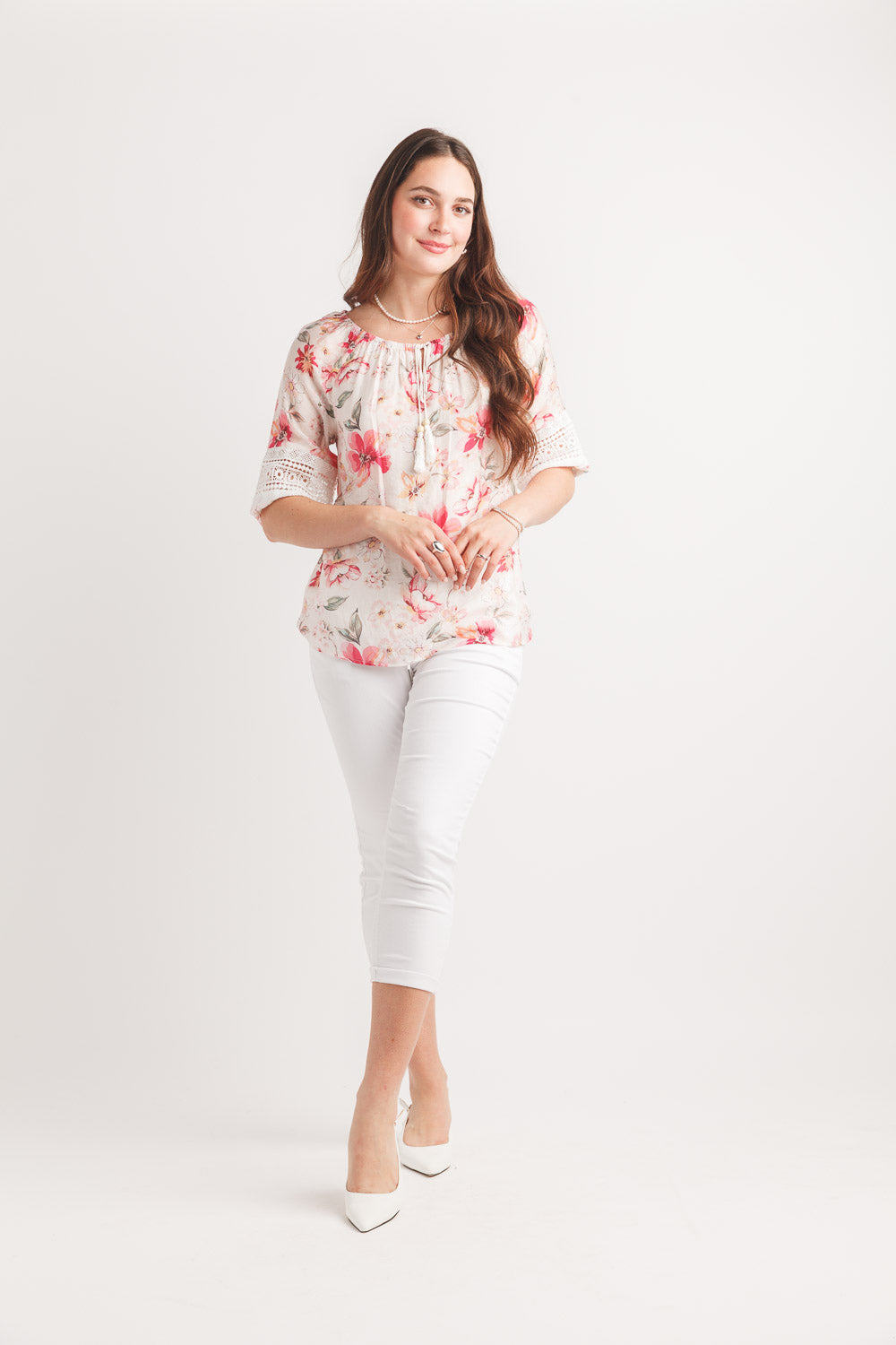 Floral Elastic Neck Blouse With Lace Inset