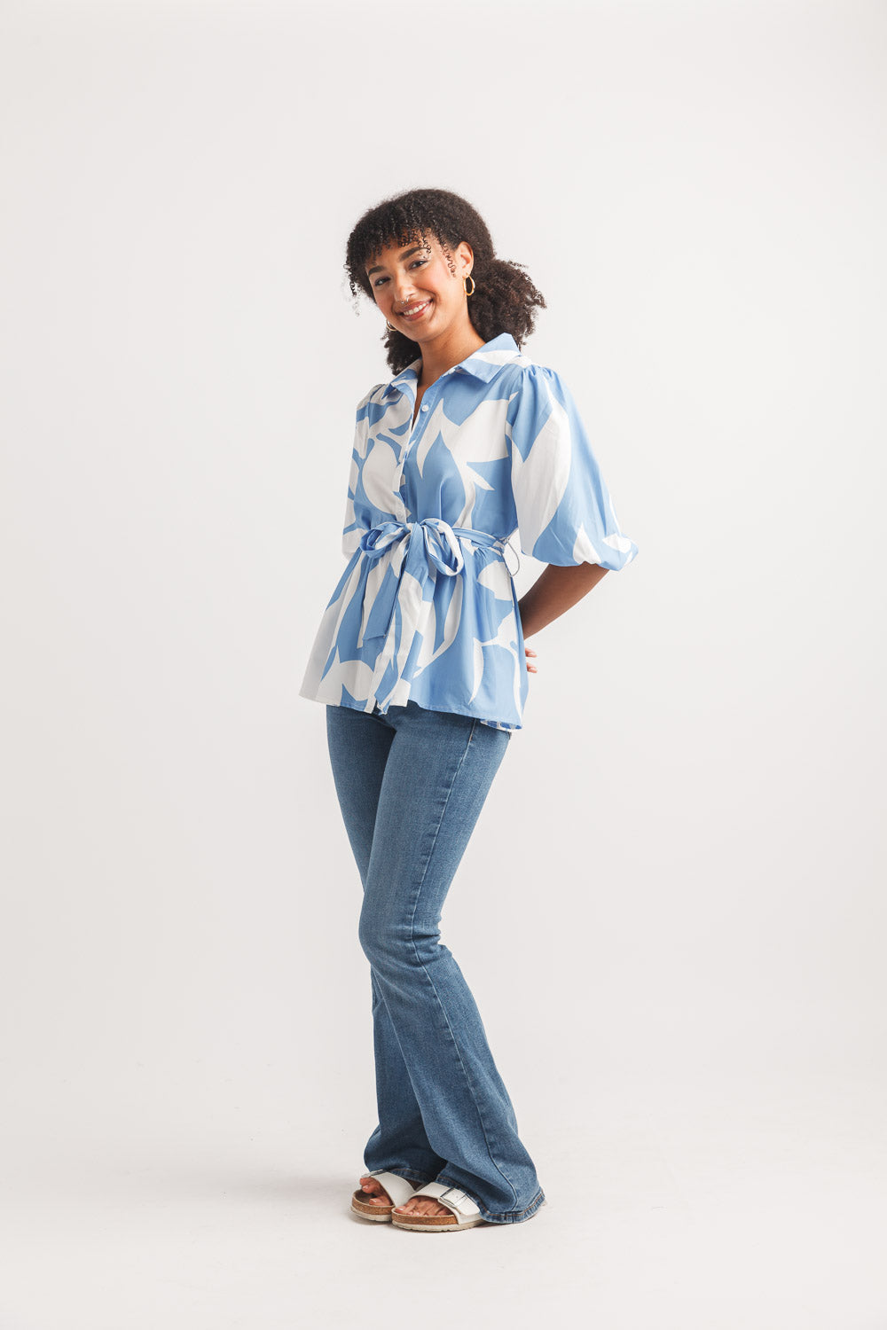 Floral Balloon Sleeve Shirt With Tie Belt