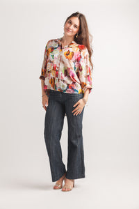 Floral Brushstroke Baloon Sleeve Blouse With  Back