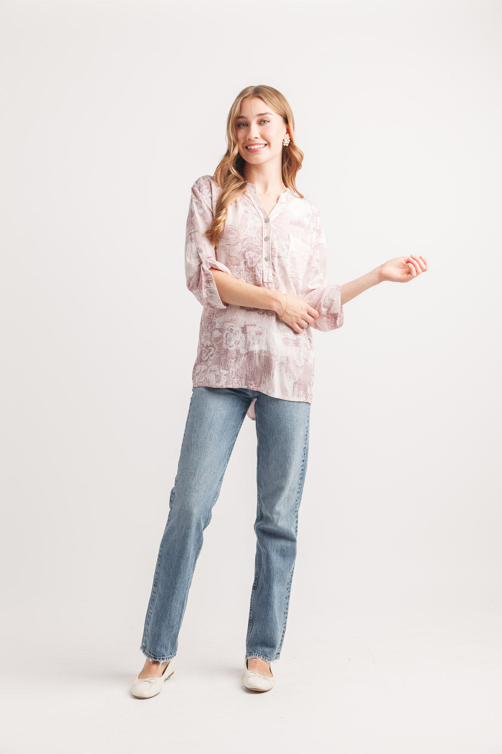 Floral Hanley Tab Sleeve Blouse With Sequin Trim