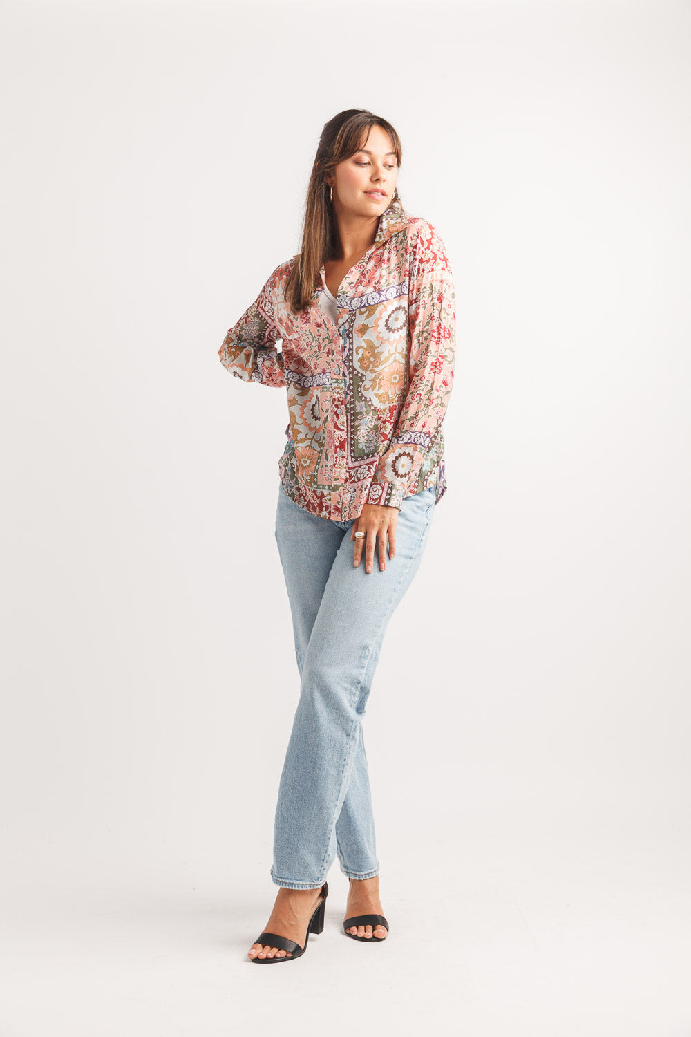 Patch Print Collared Button Front Blouse