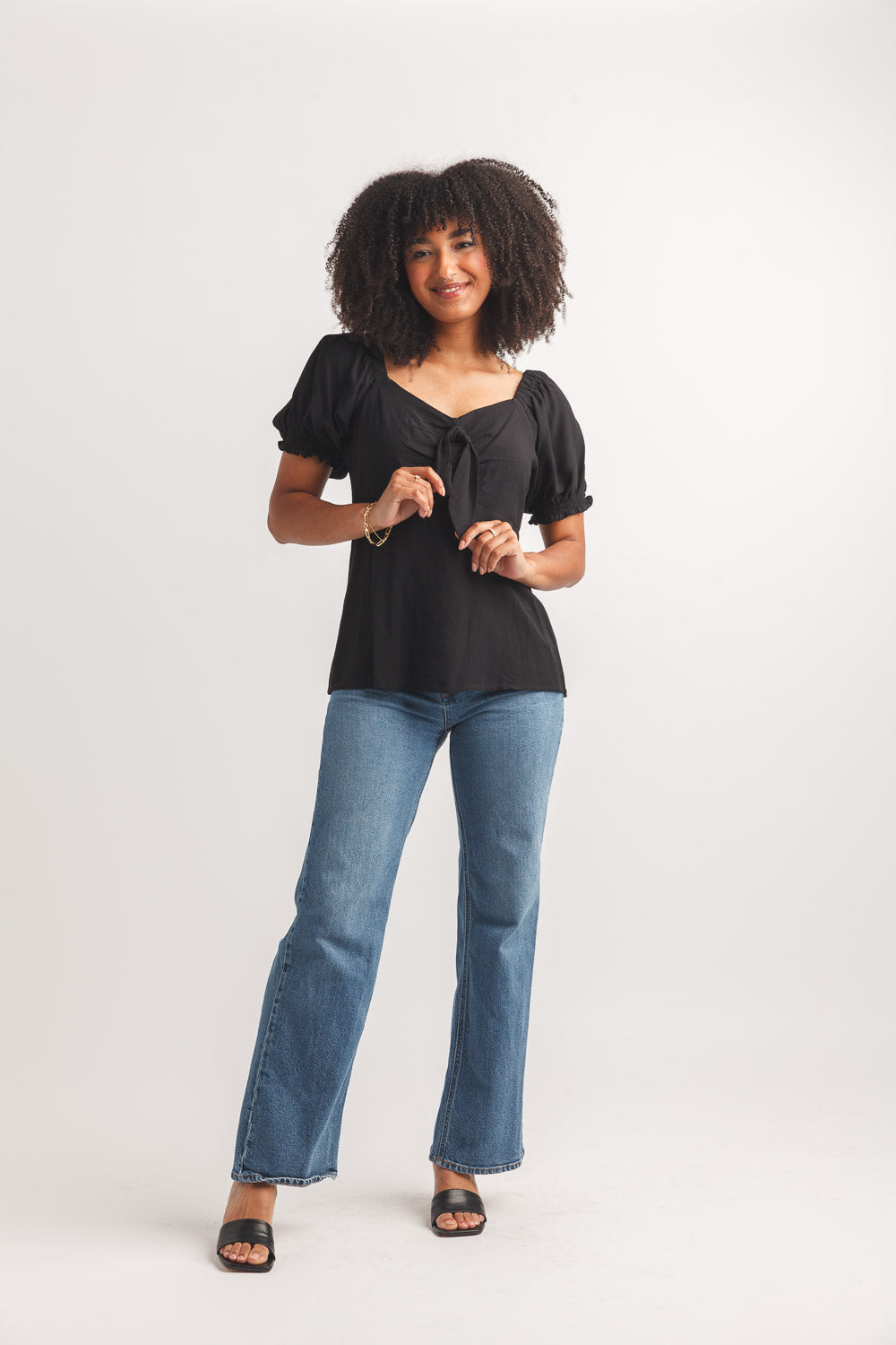 Puff Sleeve Blouse With Elastic Back Bow Detail