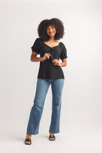 Puff Sleeve Blouse With Elastic Back Bow Detail