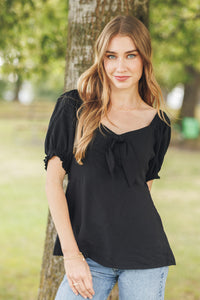 Puff Sleeve Blouse With Elastic Back Bow Detail