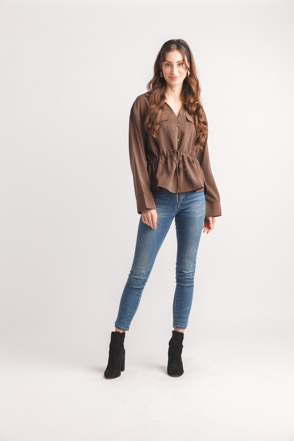 Collared Henley Blouse with Drawstring Waist