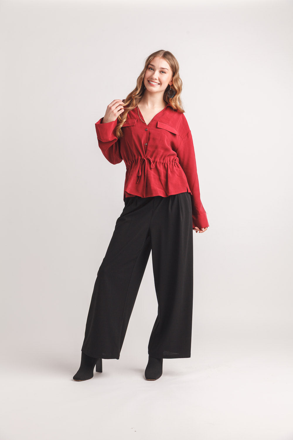 Collared Henley Blouse with Drawstring Waist