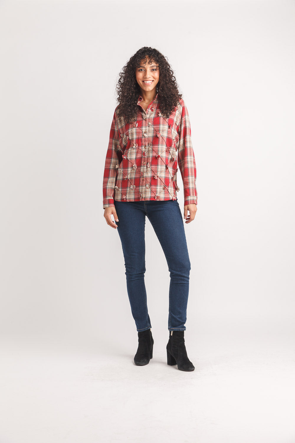 3D Floral Plaid Collared Button Front Shirt