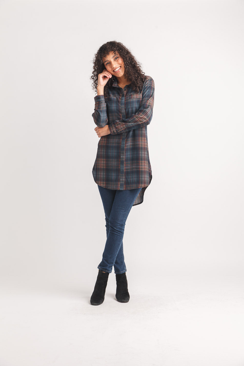 Georgette Plaid Collared Tab Sleeve BF Tunic